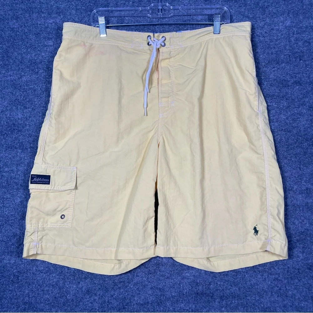 Polo Ralph Lauren Mens XL Yellow Lined Cargo Tie Swim Trunks Shorts 90s Y2K Pony